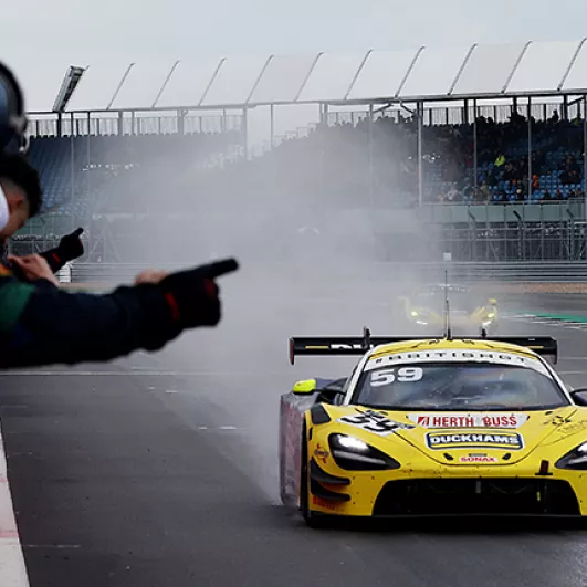 BRDC Superstar Adam Smalley taking victory at the Silverstone 500 British GT race