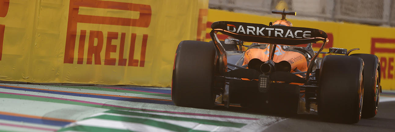 Lando Norris on the exit of a corner in his McLaren F1 car at the Saudi Arabian Grand Prix