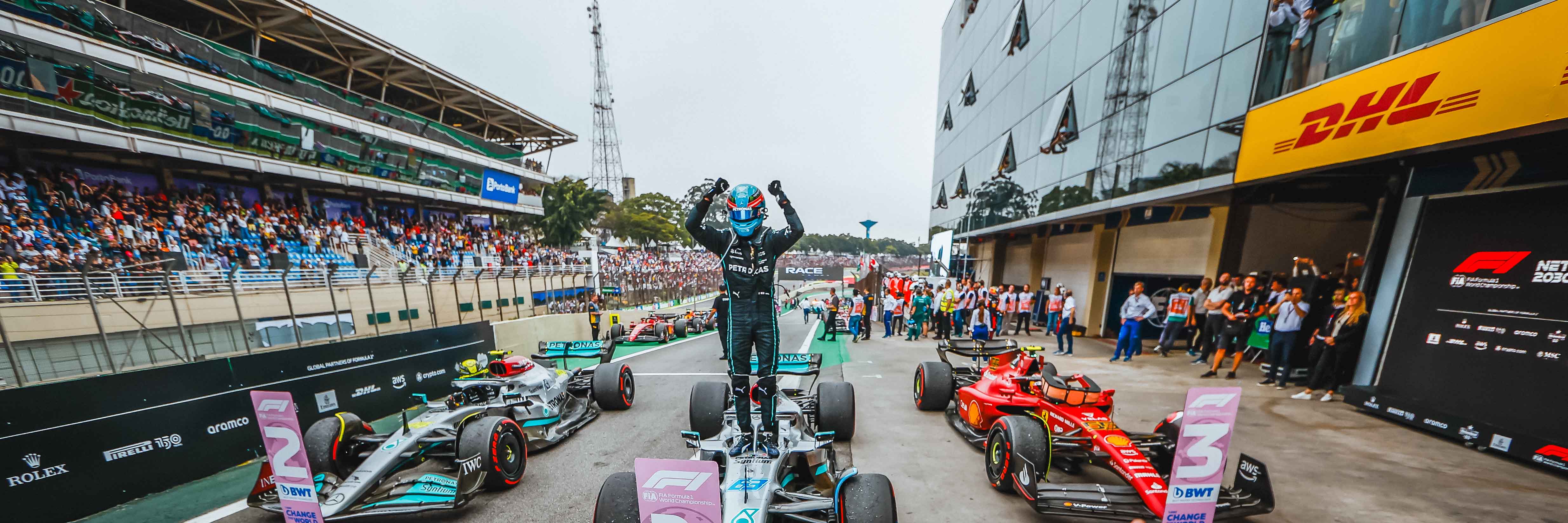 George Russell celebrating his first F1 win at the 2022 Brazilian Grand Prix