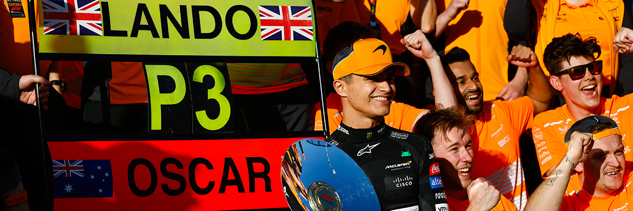 The McLaren team celebrating Lando Norris' podium at the Australian Grand Prix