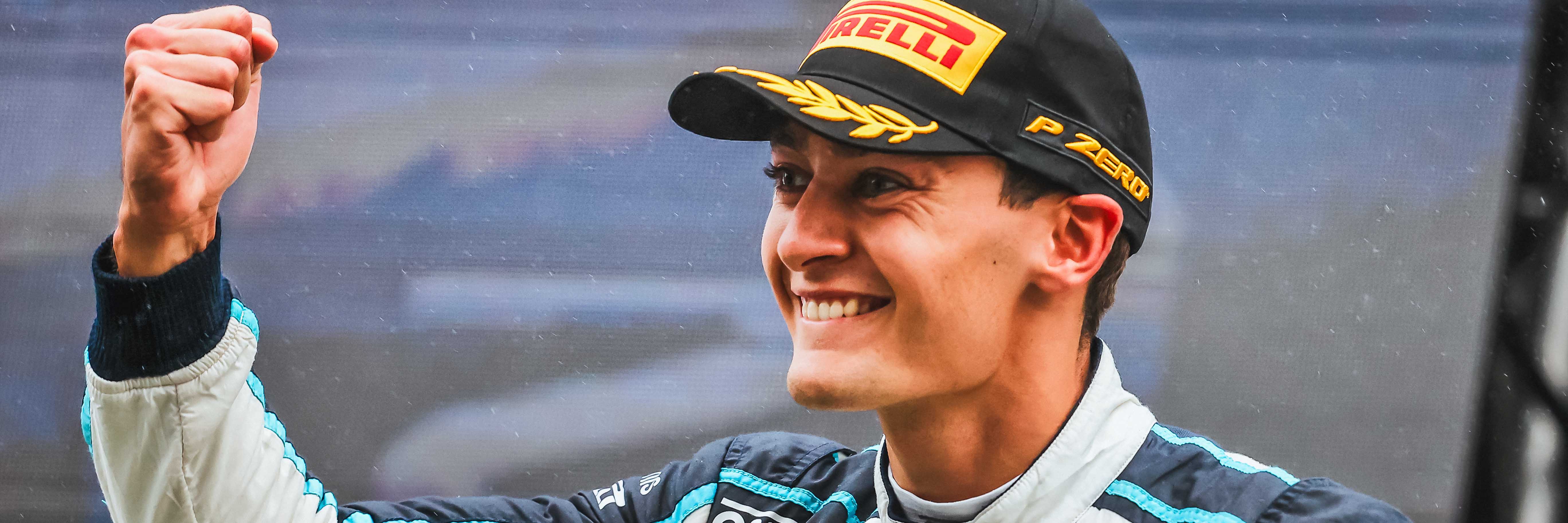 George Russell celebrates after a podium at the 2021 Belgian Grand Prix