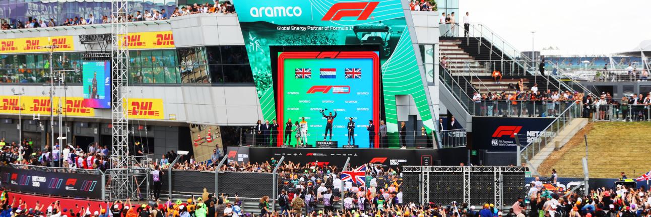 A wide shot of the podium for the 2023 British Grand Prix 