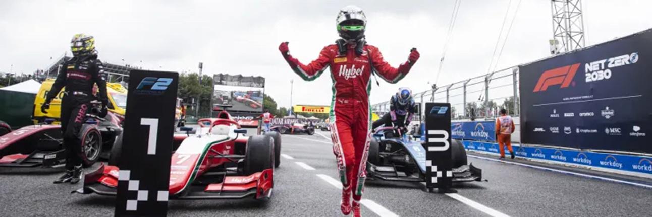 Ollie Bearman celebrating in the Formula 2 paddock