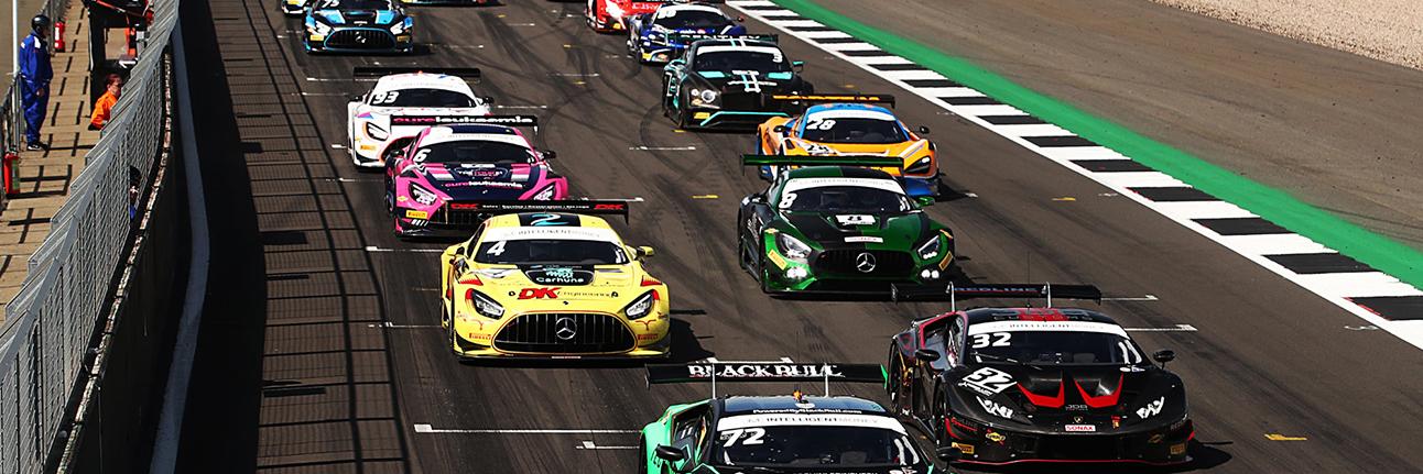 British GT cars at the start of the 2023 race at Silverstone