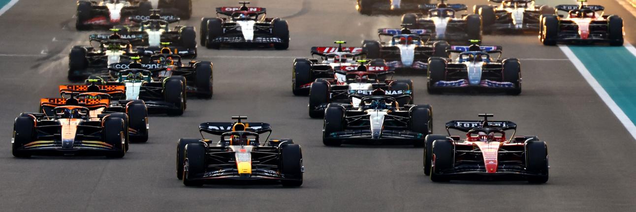 The F1 grid approaching Turn 1 at the Abu Dhabi Grand Prix
