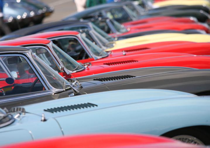 A line-up of brightly coloured classic cars displayed as part of a Car Club at The Classic at Silverstone