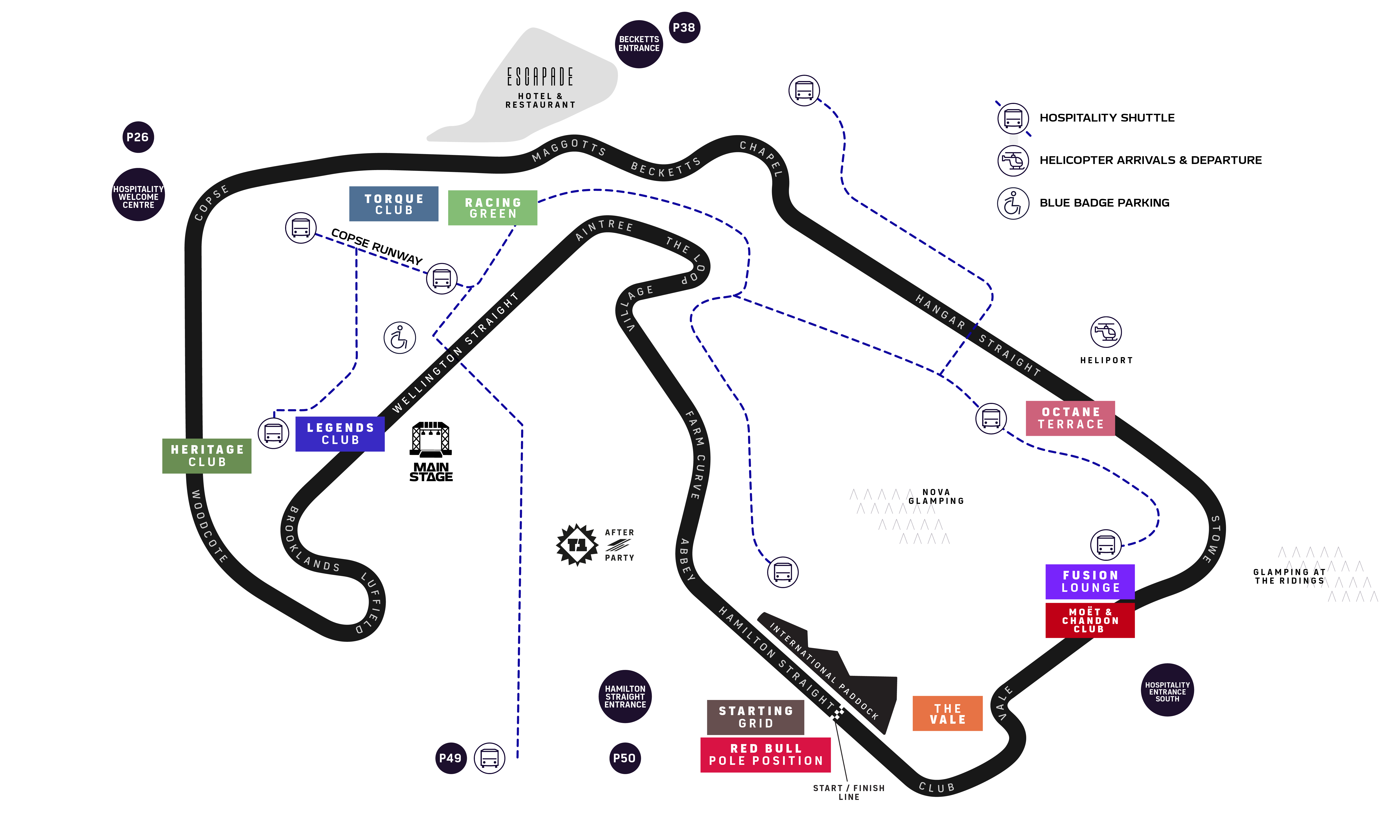 F1 BGP 2026 hospitality venue locations map around Silverstone circuit
