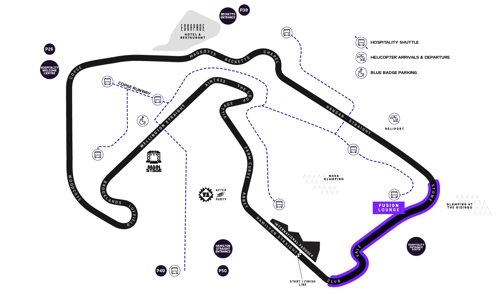 F1 BGP 2027 hospitality venue locations map around Silverstone circuit
