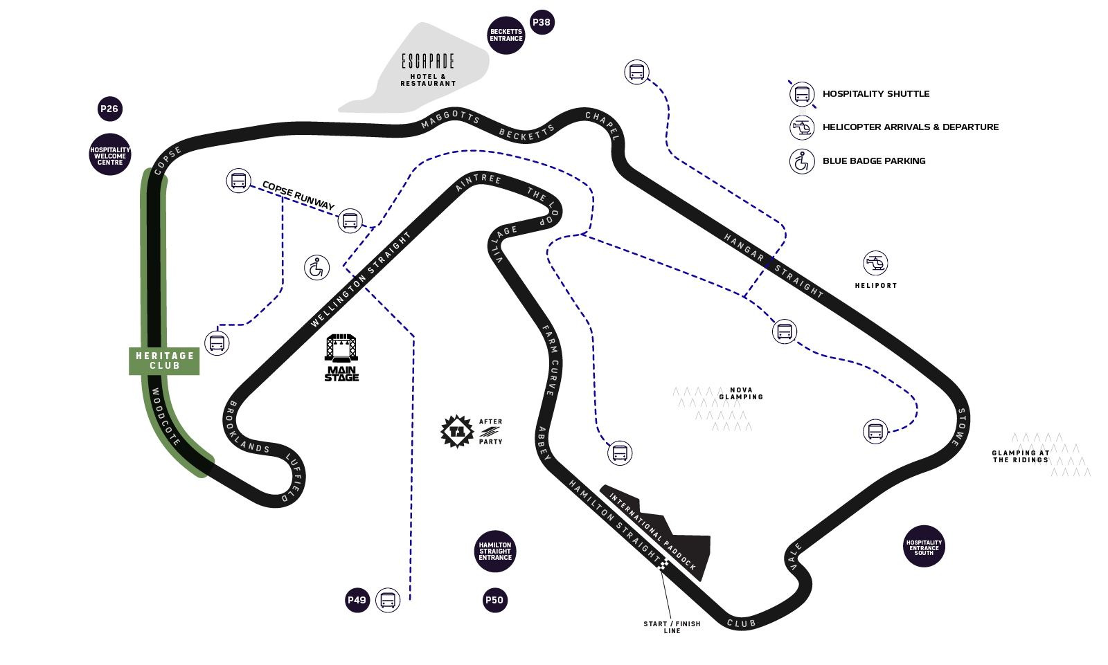 F1 BGP 2027 hospitality venue locations map around Silverstone circuit