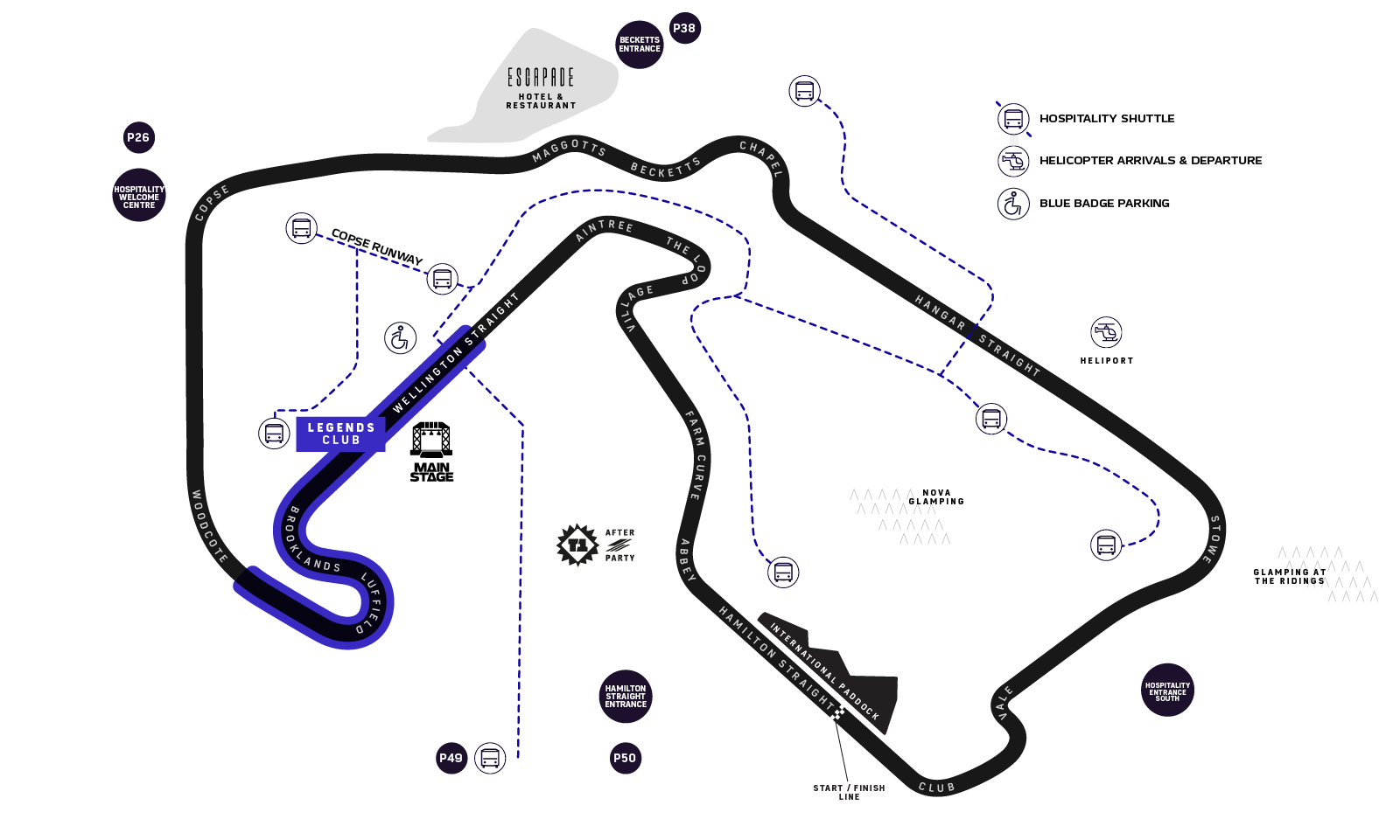 F1 BGP 2027 hospitality venue locations map around Silverstone circuit