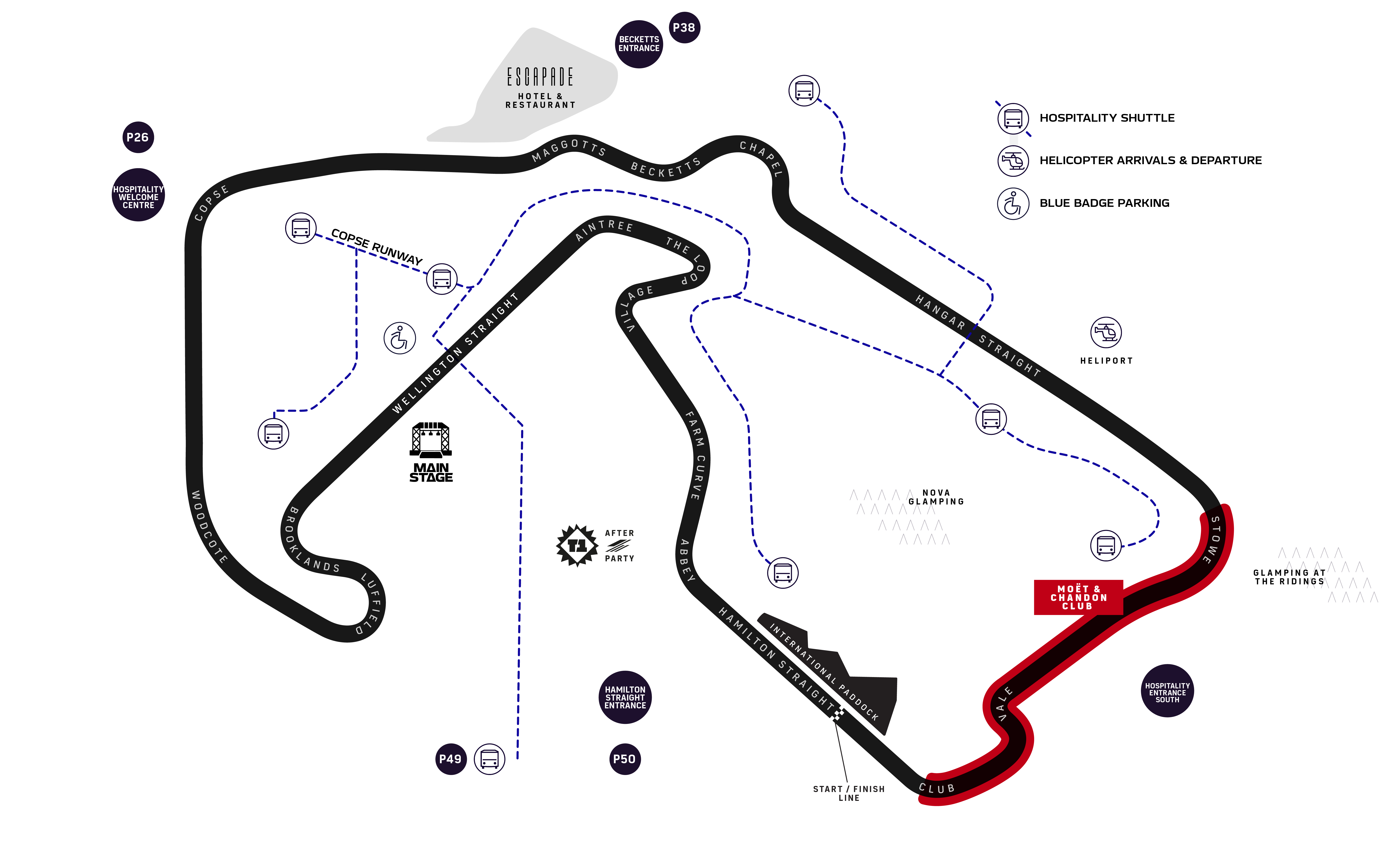 F1 BGP 2027 hospitality venue locations map around Silverstone circuit