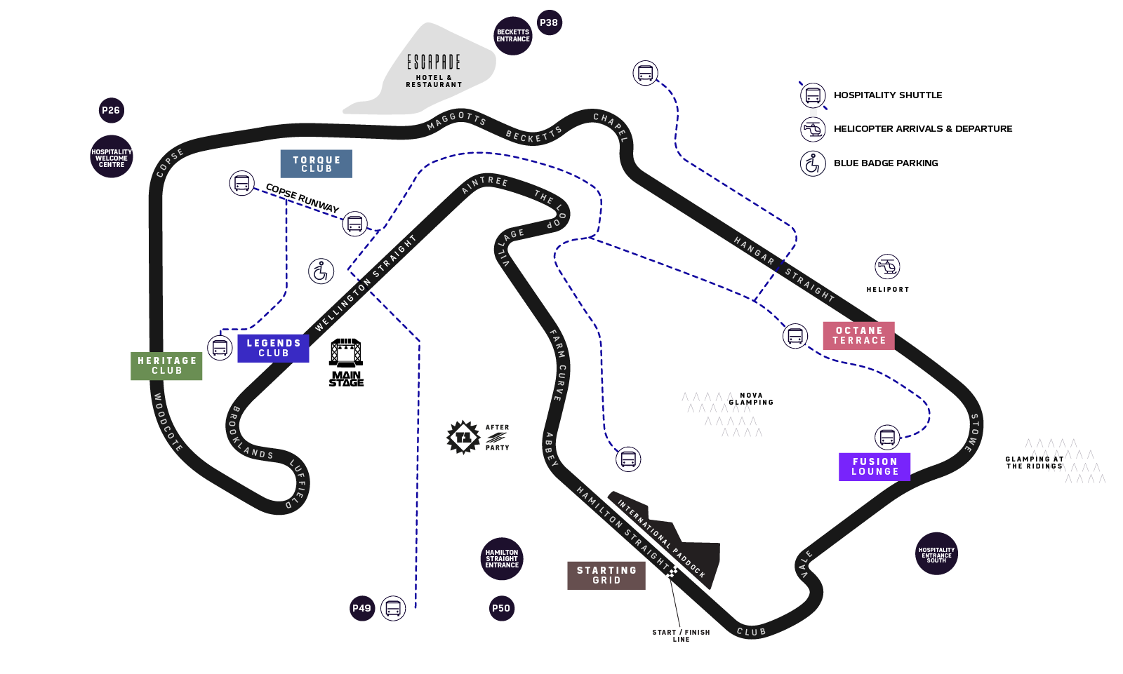 F1 BGP 2026 hospitality venue locations map around Silverstone circuit