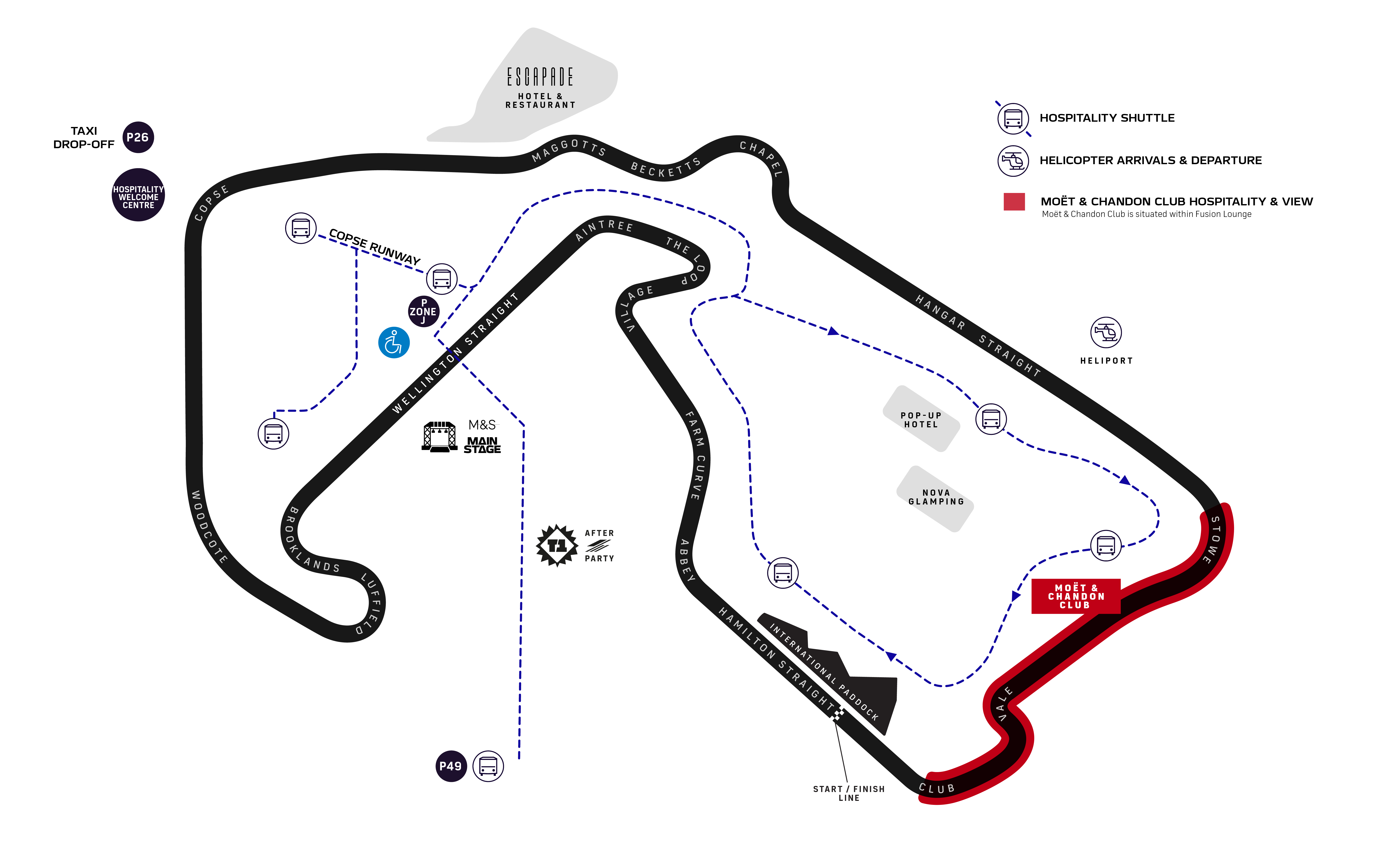 F1 BGP 2026 hospitality venue locations map around Silverstone circuit
