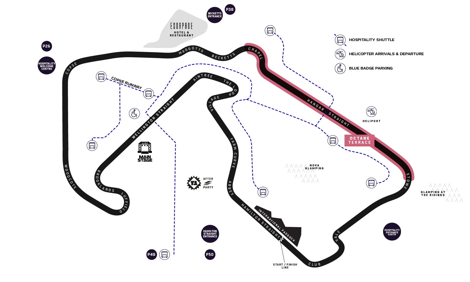 F1 BGP 2027 hospitality venue locations map around Silverstone circuit