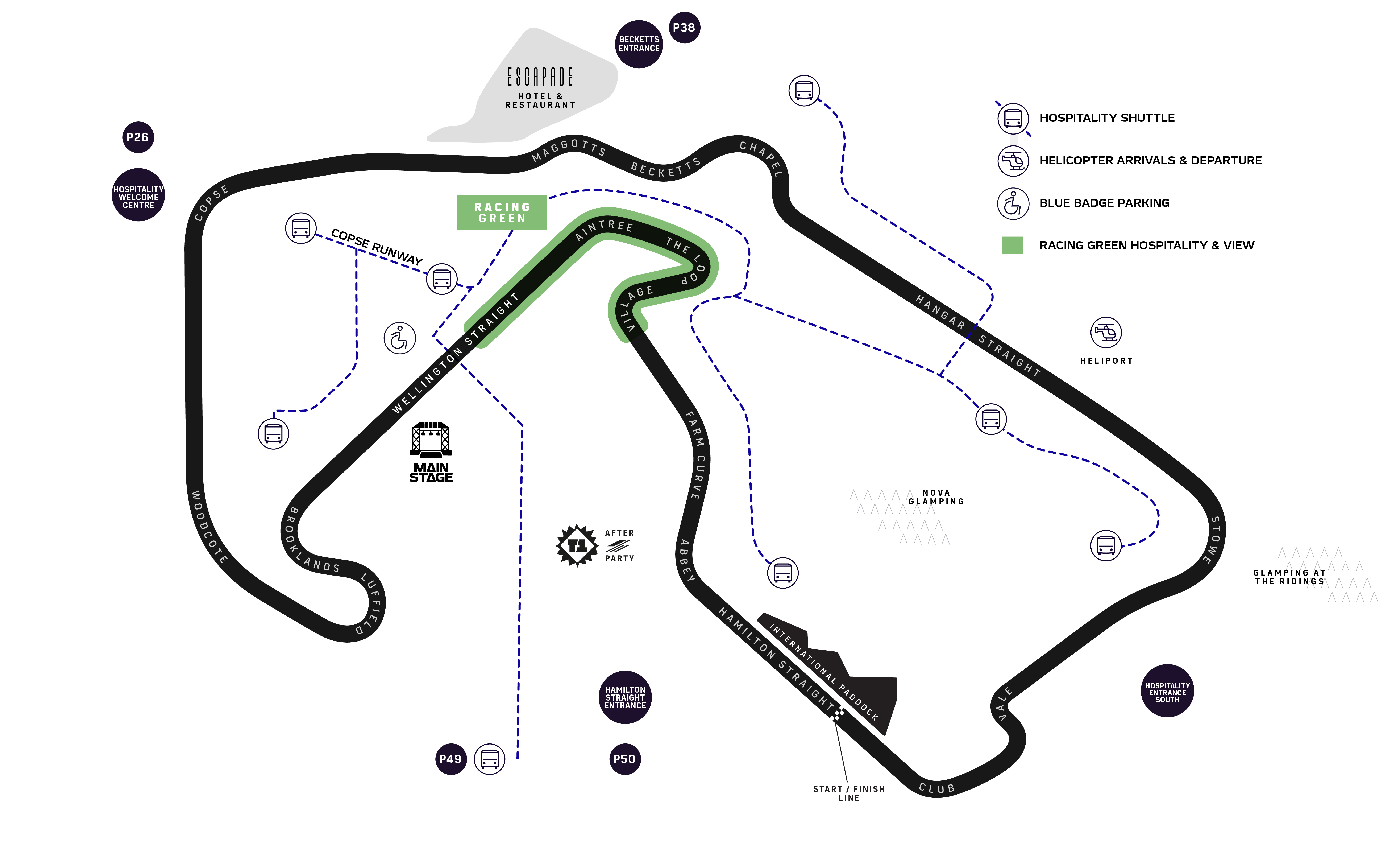 F1 BGP 2027 hospitality venue locations map around Silverstone circuit