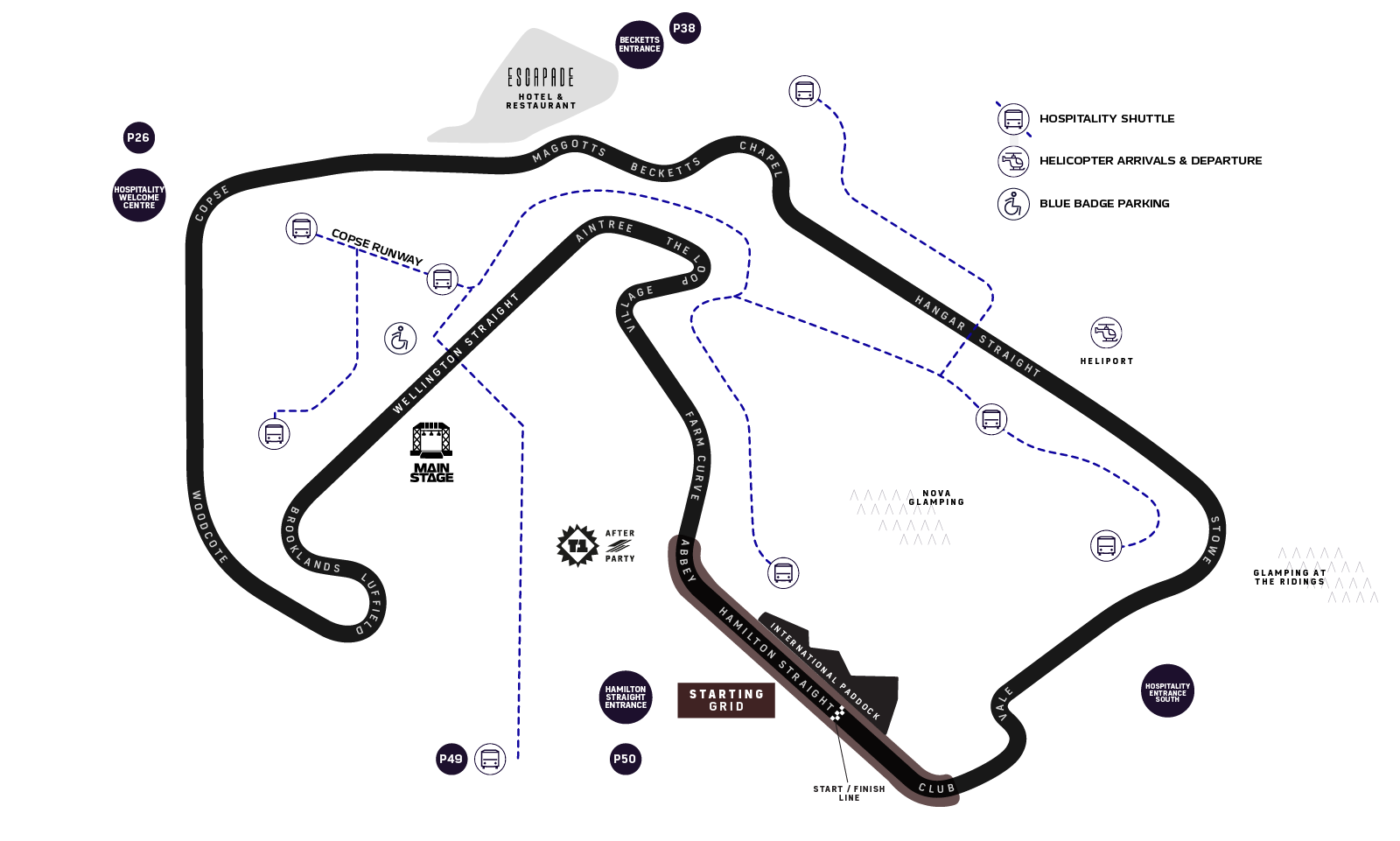 F1 BGP 2027 hospitality venue locations map around Silverstone circuit