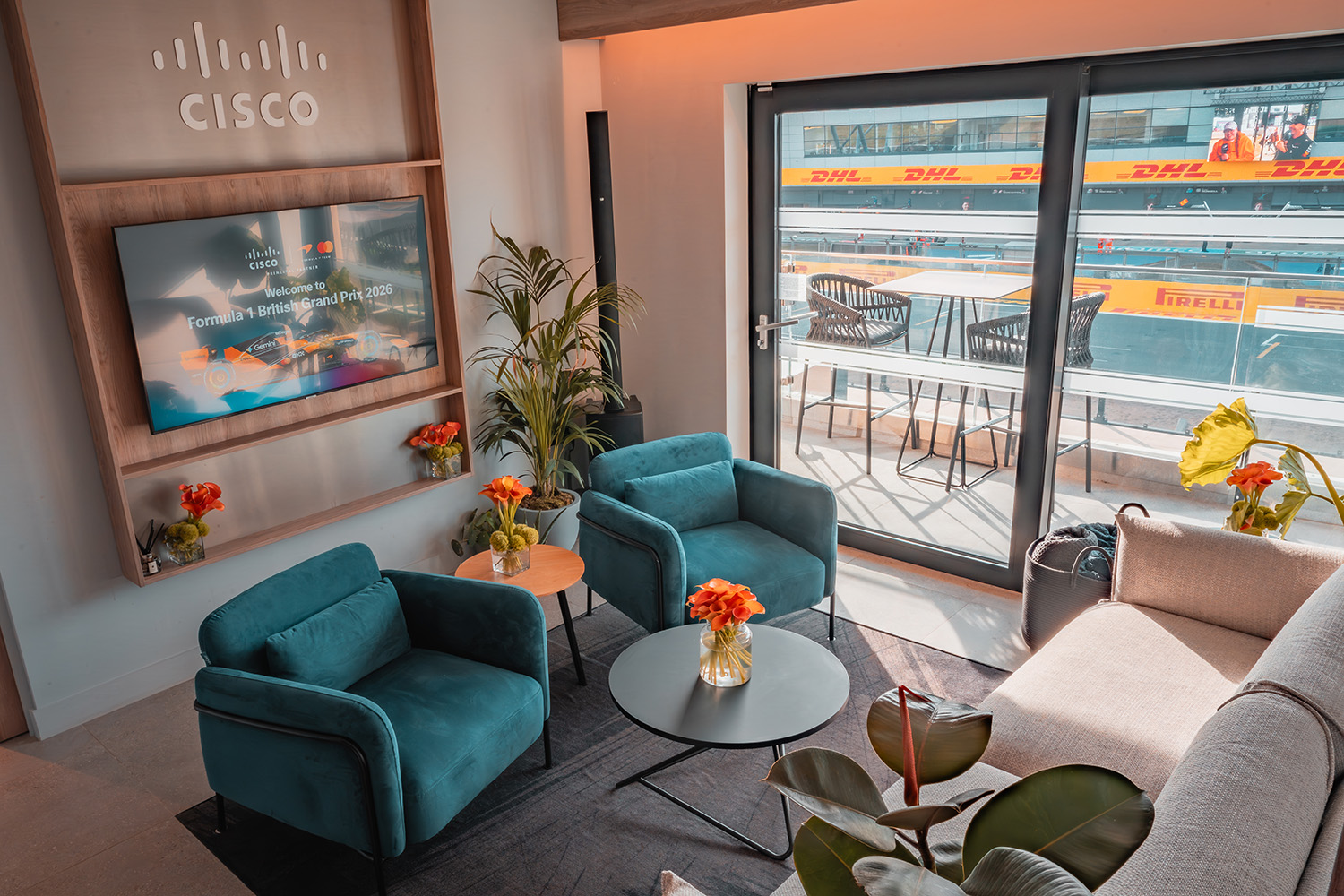 A company-branded hospitality space on the Starting Grid
