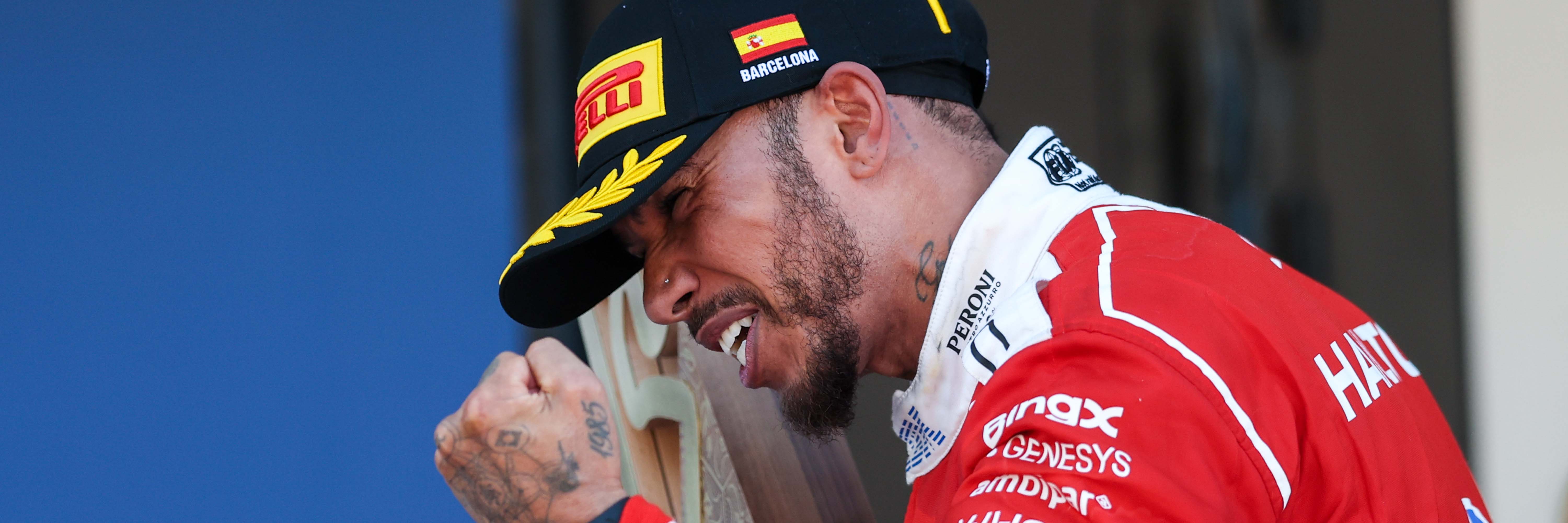 Lewis Hamilton celebrates winning the 2026 Barcelona Grand Prix