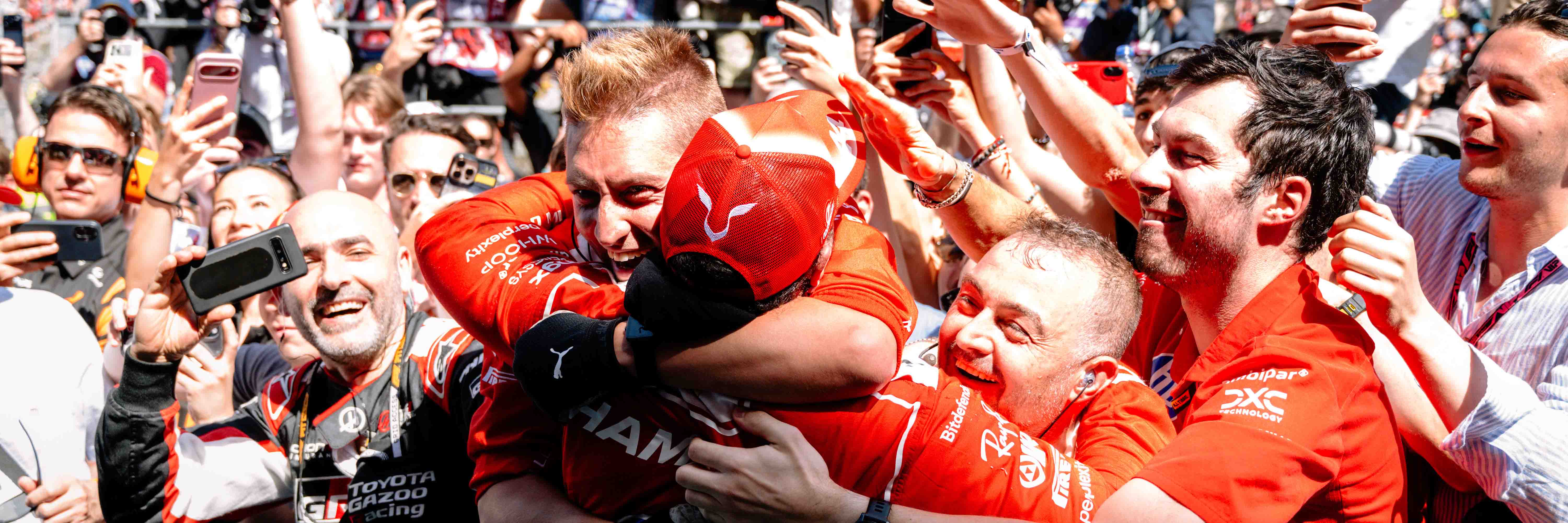 Lewis Hamilton celebrates his 106th F1 victory with the Ferrari team in Barcelona