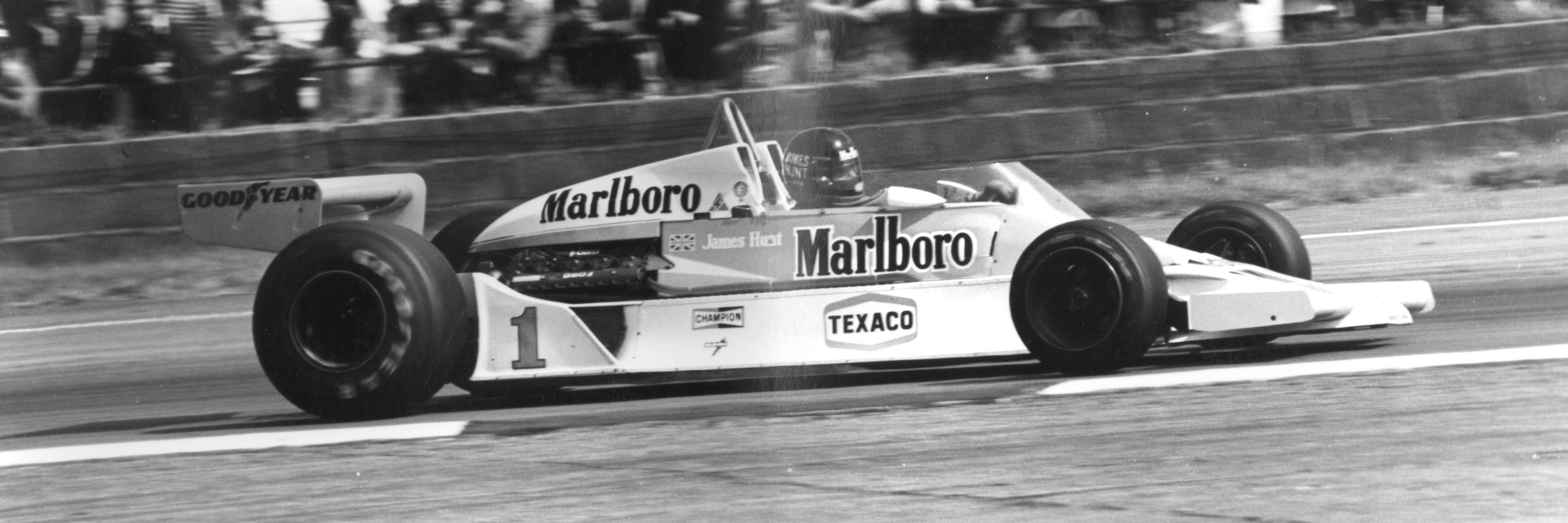 James Hunt driving in an F1 race at Silverstone