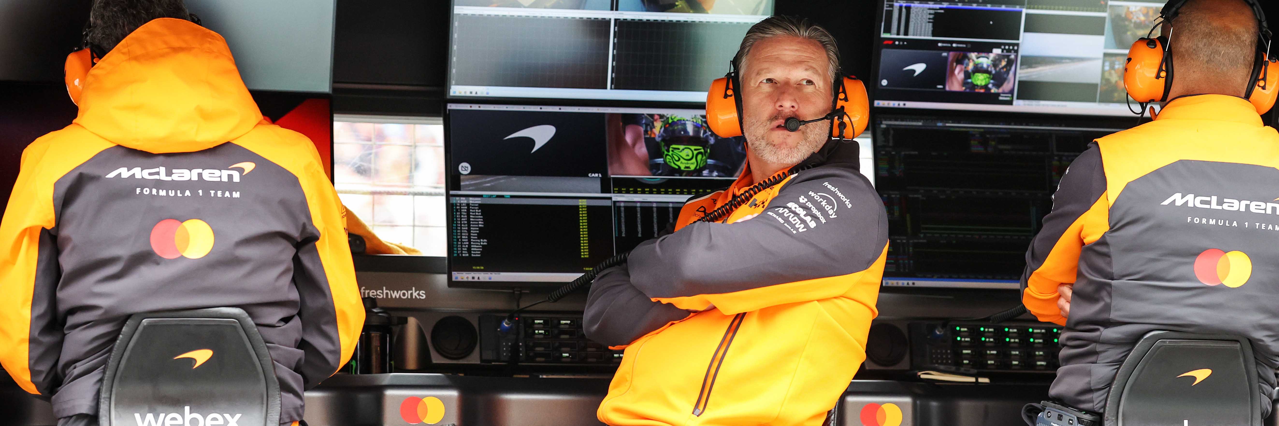 Zak Brown on the McLaren F1 pit wall