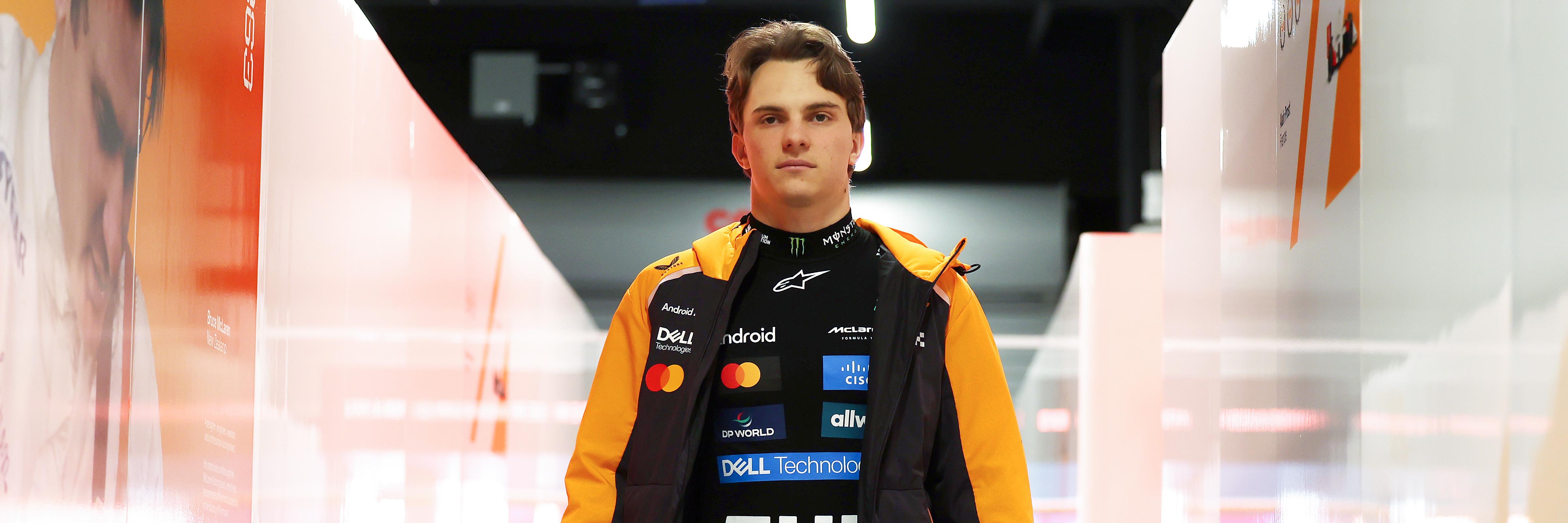 Oscar Piastri in the McLaren F1 pit garage