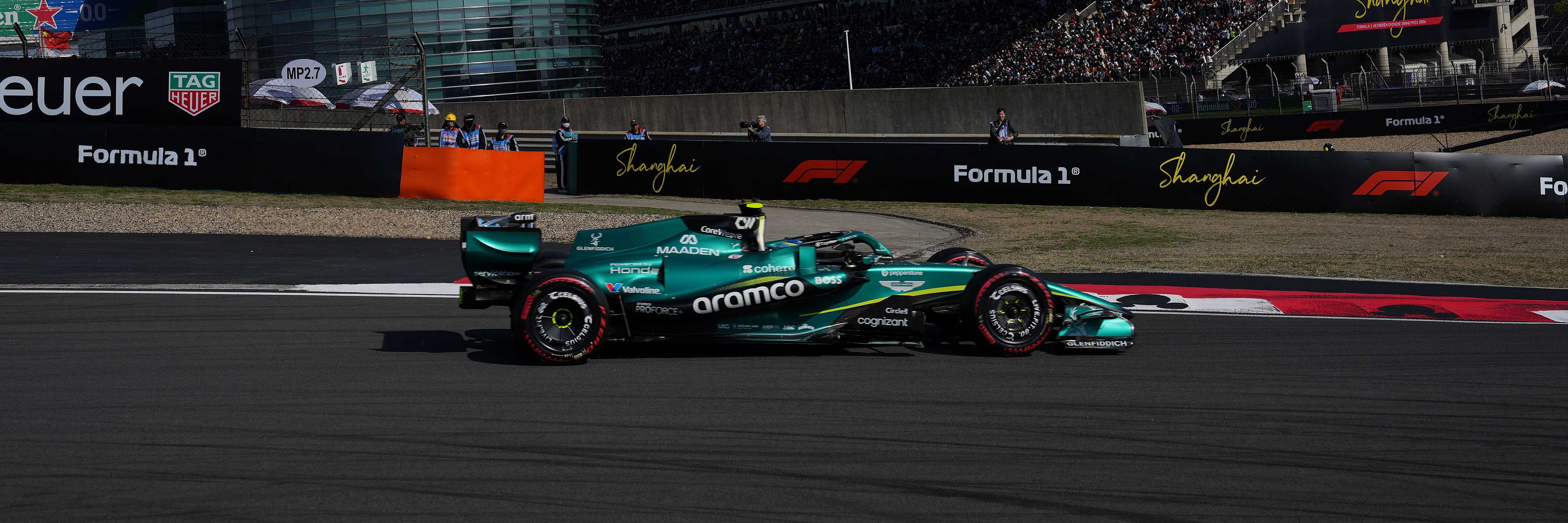 The AMR26 F1 car on track at Shanghai