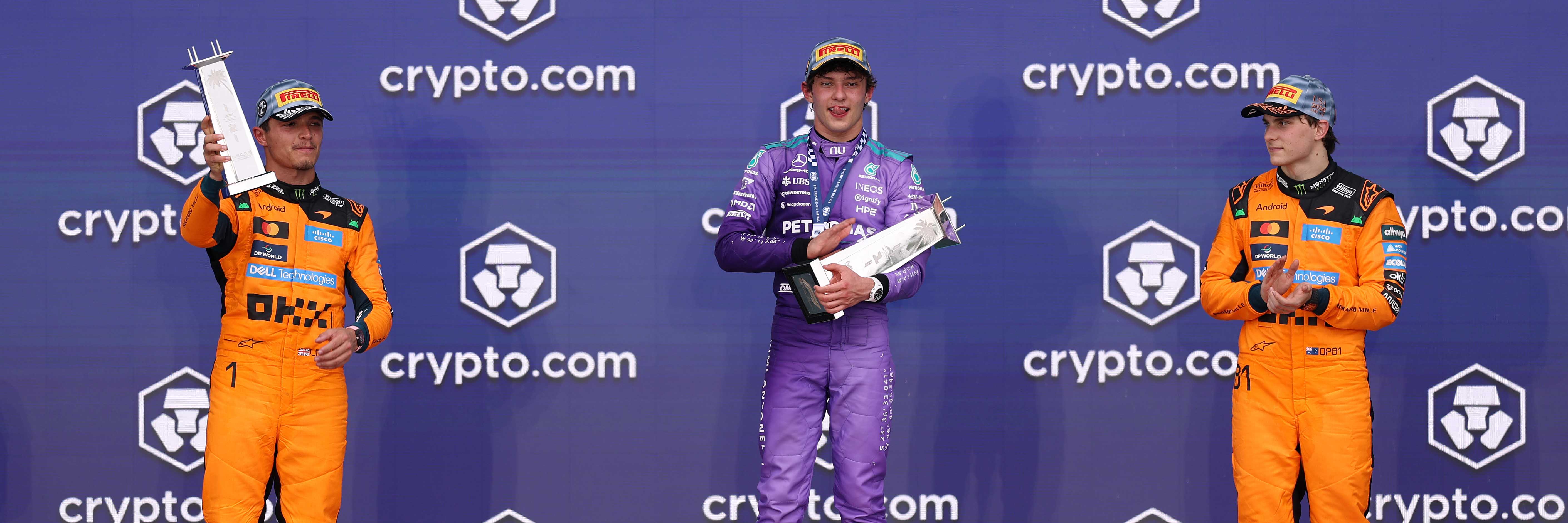 Lando Norris, Kimi Antonelli and Oscar Piastri on the Miami Grand Prix podium