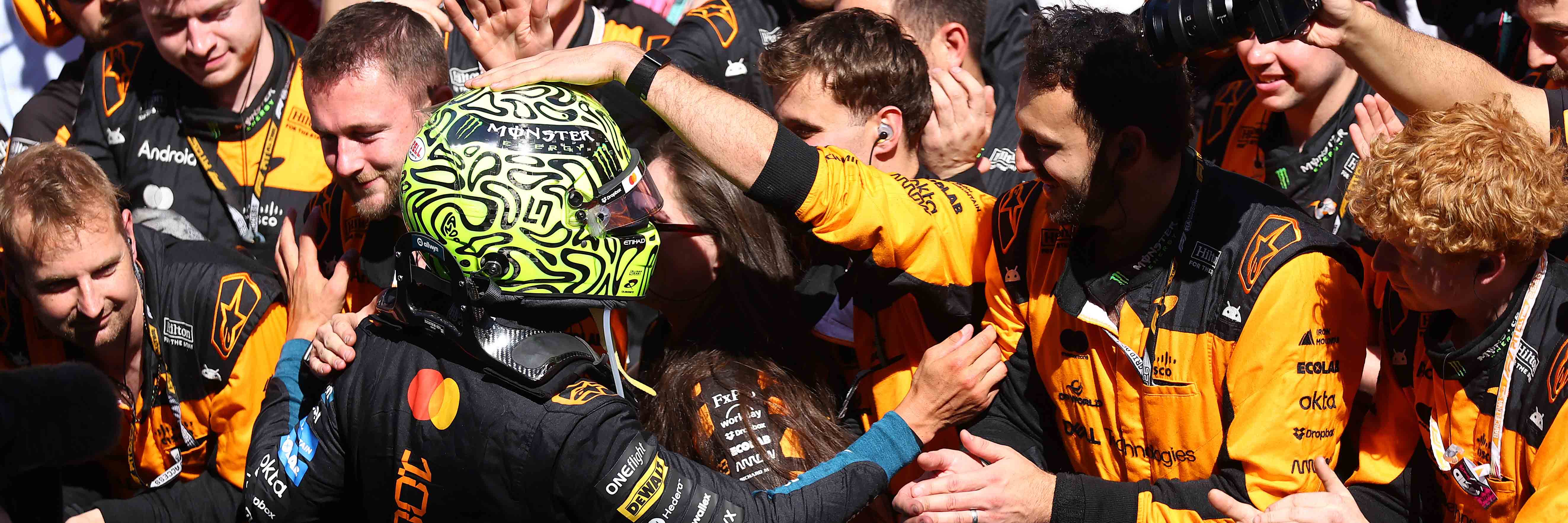 Lando Norris celebrates Barcelona podium with the McLaren F1 team