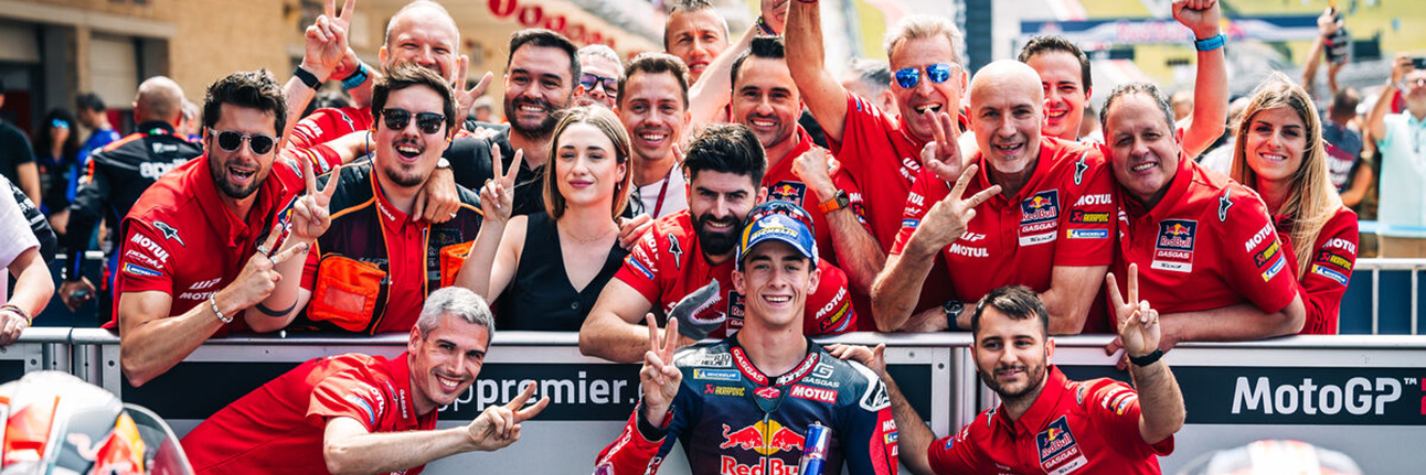 Pedro Acosta and his team celebrate finishing second at the Circuit of the Americas