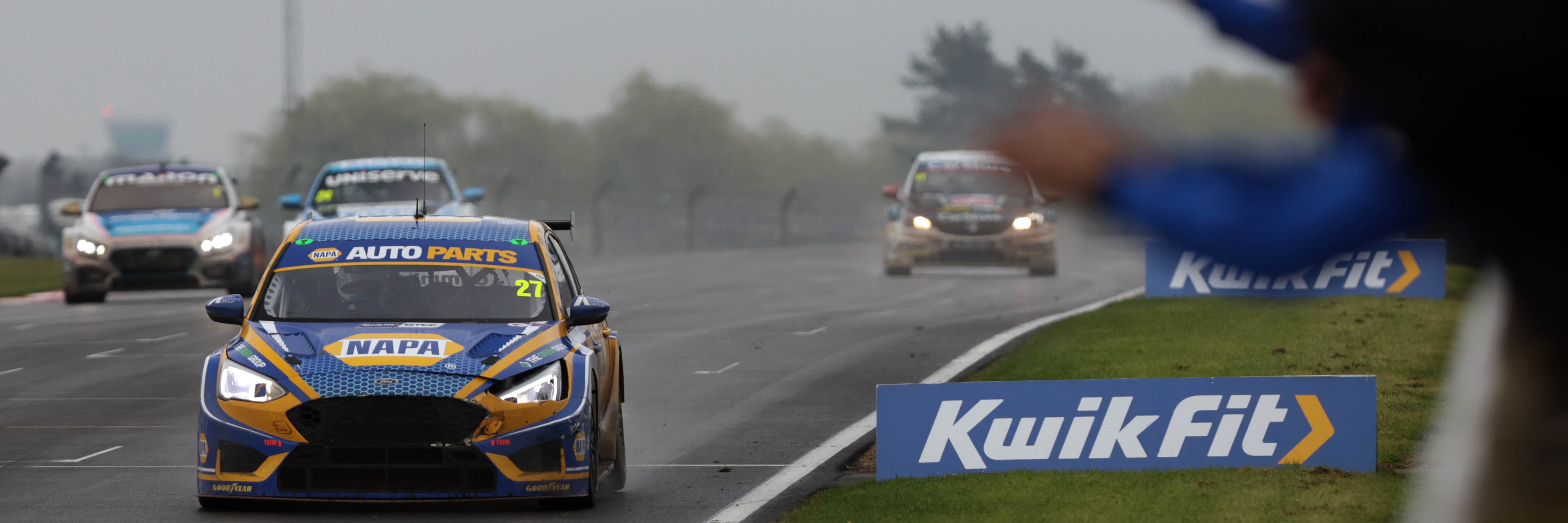 Dan Cammish crossing the line to win Race 3 at Donington Park