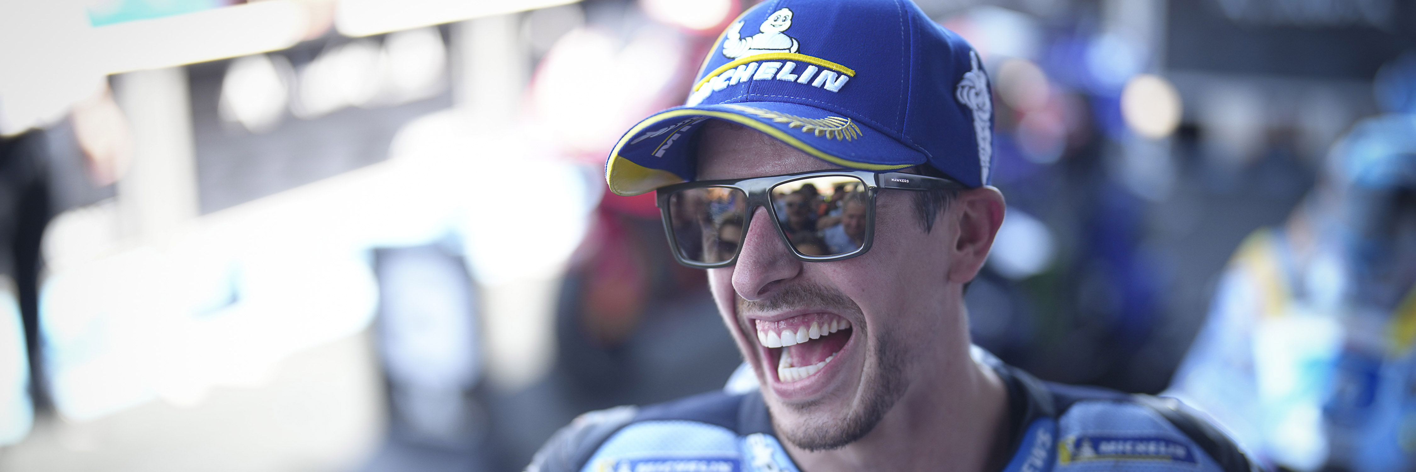 Alex Marquez celebrates winning the MotoGP race in Jerez
