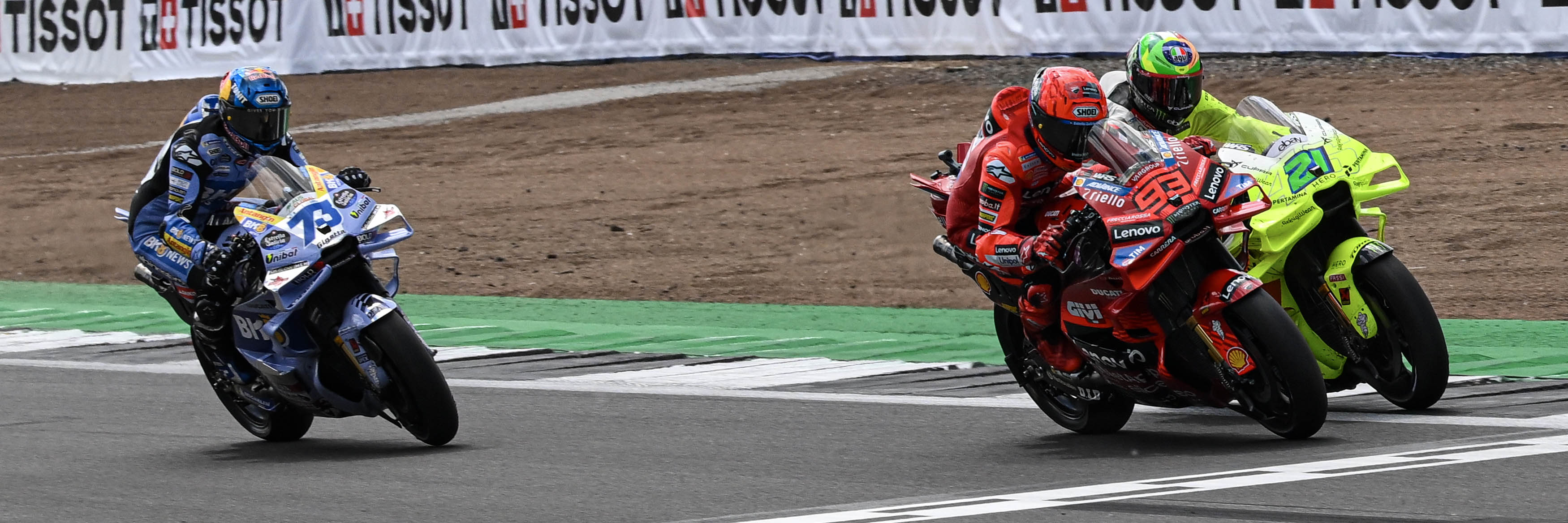 Alex Marquez, Marc Marquez and Franco Morbidelli crossing the line at Silverstone