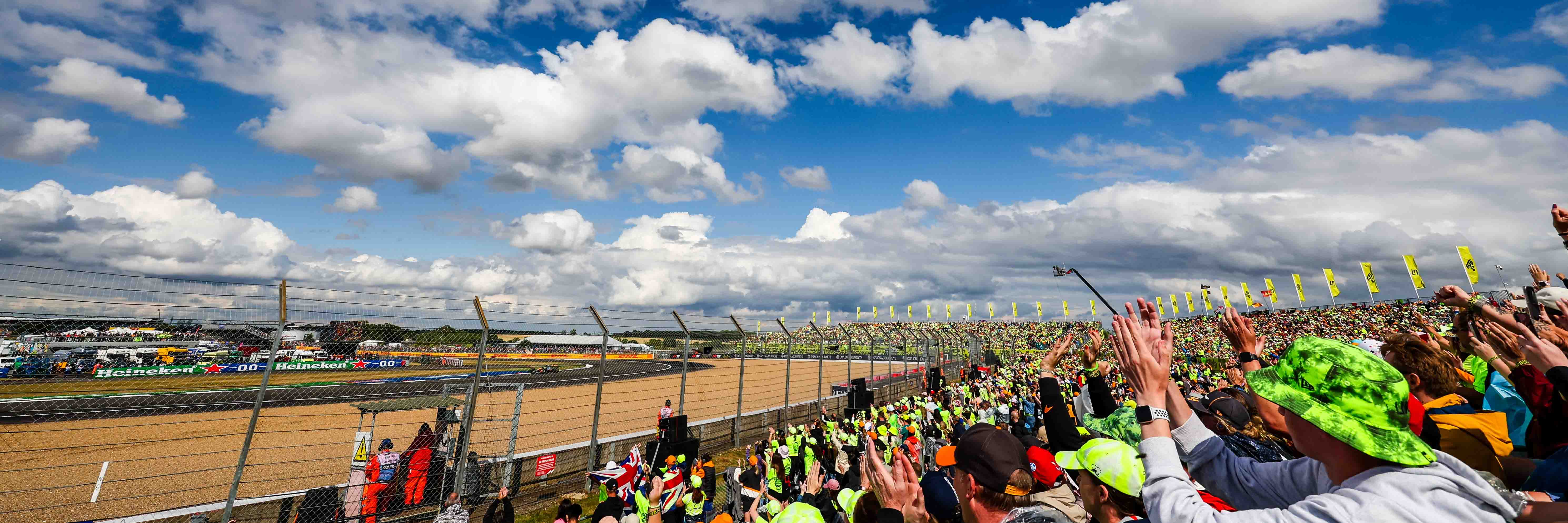 The Silverstone Landostand with blue skies overhead at the British Grand Prix
