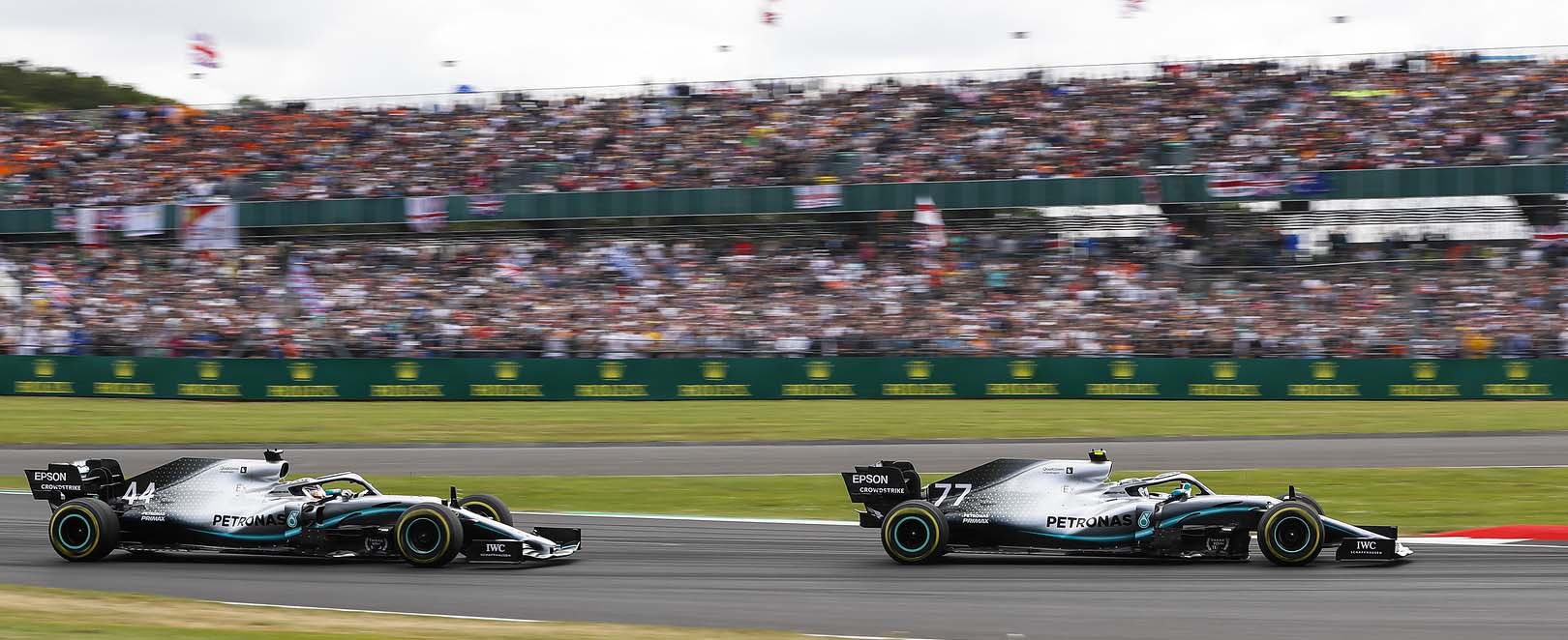 Lewis Hamilton battling with Valtteri Bottas during the 2019 British Grand Prix at Silverstone