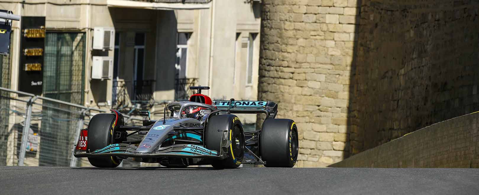 George Russell's Mercedes F1 car on track at the Baku City Circuit 