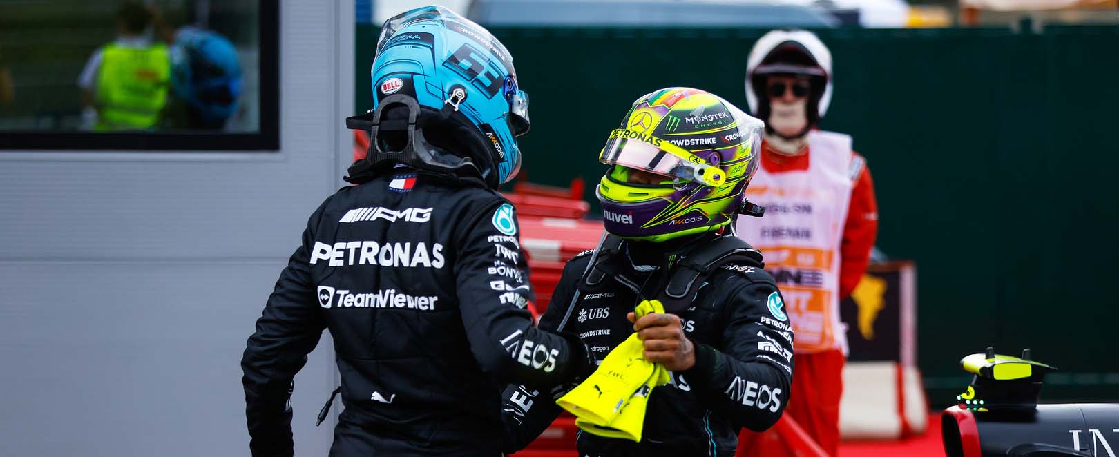 Lewis Hamilton and George Russell celebrating a double Mercedes podium at the Spanish Grand Prix