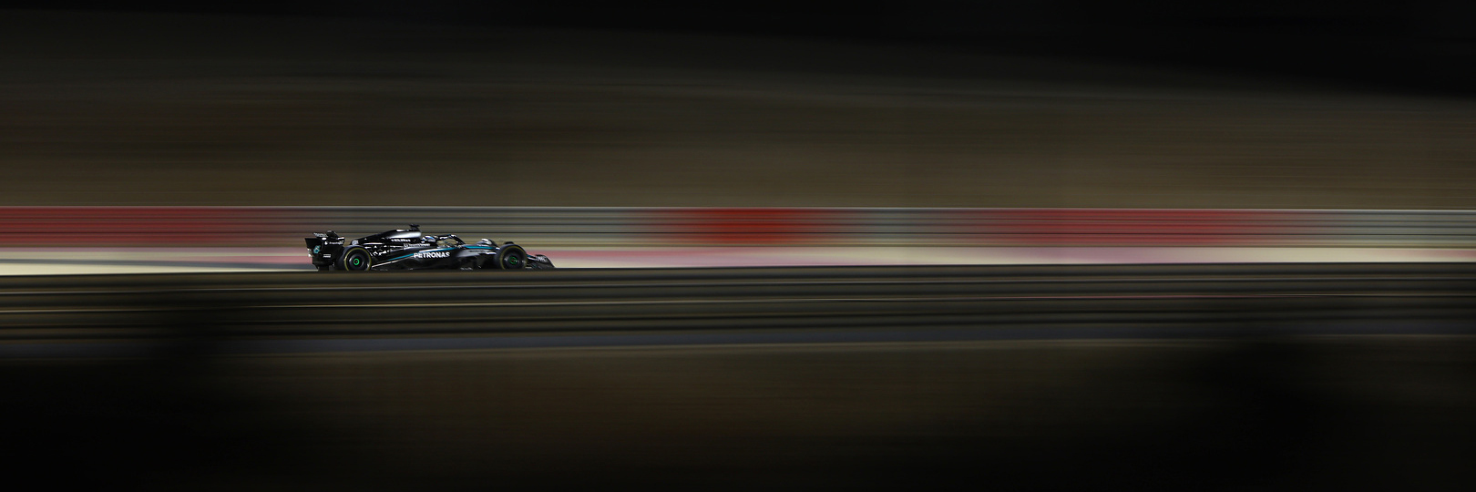 An F1 Mercedes car on track during pre-season testing in Bahrain