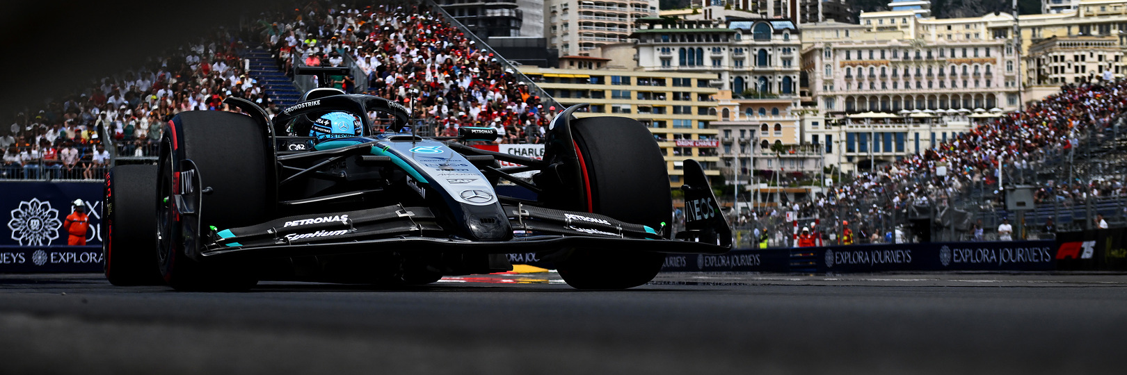 George Russell racing in the 2025 Monaco Grand Prix