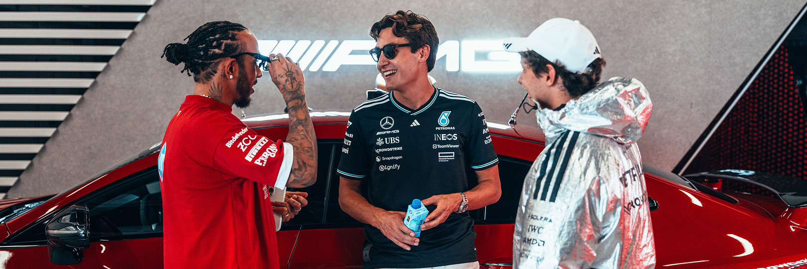 Lewis Hamilton, George Russell and Kimi Antonelli at the Spanish Grand Prix