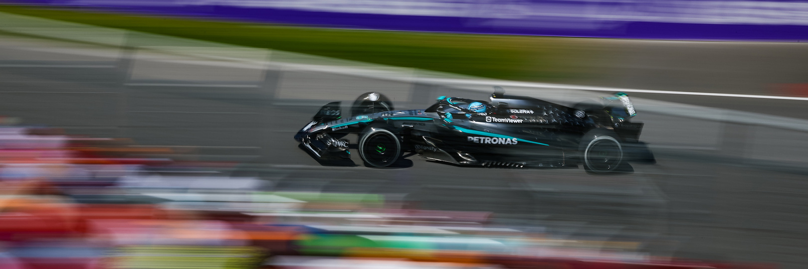 George Russell racing to win the 2025 Canadian Grand Prix