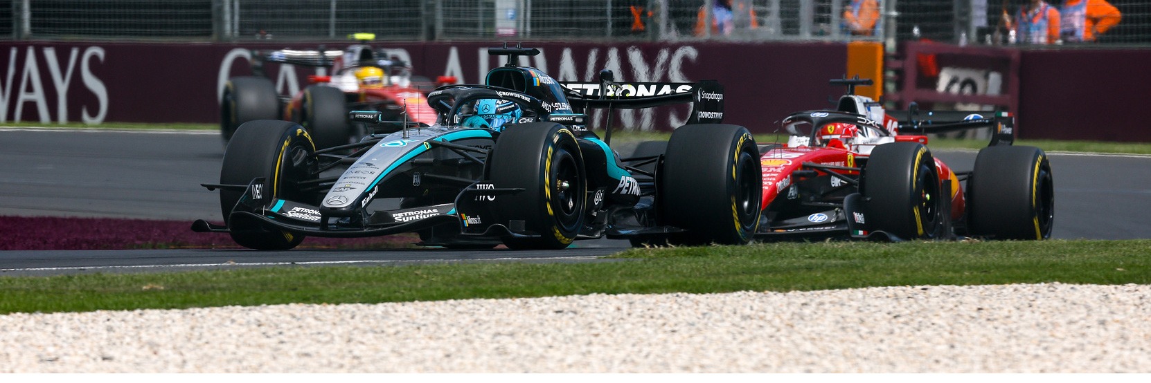 George Russell leading Charles Leclerc and Lewis Hamilton in the 2026 Australian Grand Prix