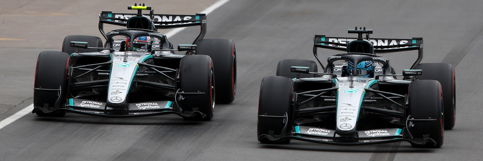 George Russell and Kimi Antonelli battling in the Canadian Grand Prix