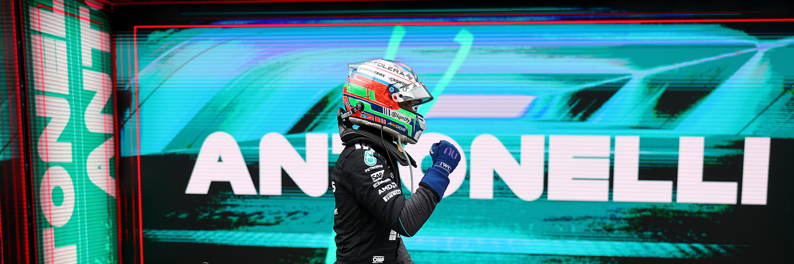 Kimi Antonelli celebrates winning the 2026 Canadian Grand Prix