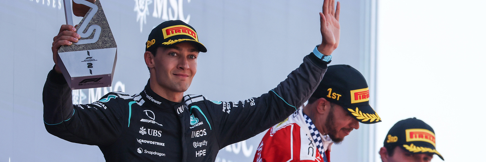 George Russell on the 2026 Barcelona Grand Prix podium