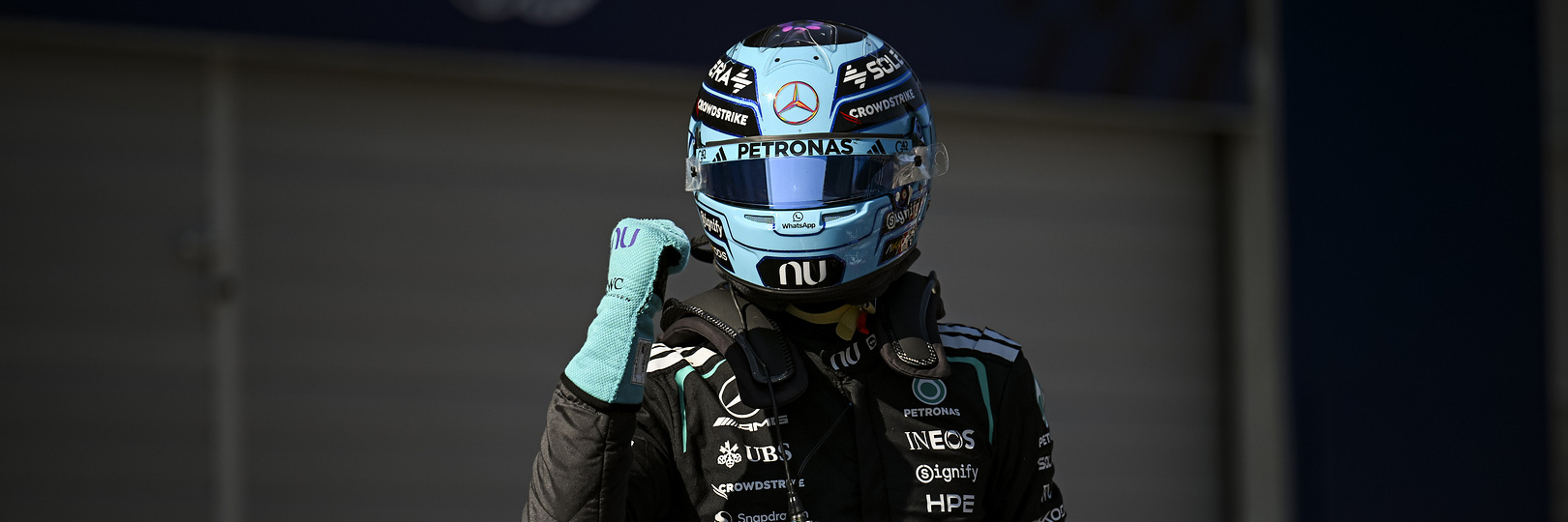 George Russell celebrates pole position at the Austrian Grand Prix