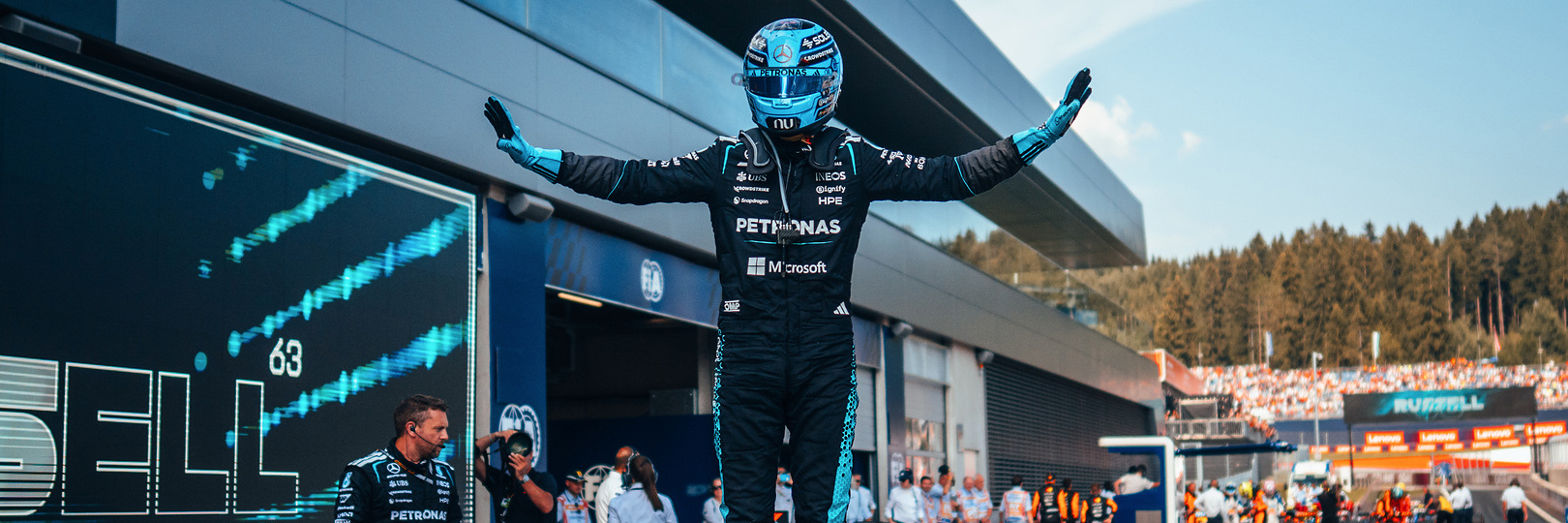 George Russell celebrates winning the Austrian Grand Prix