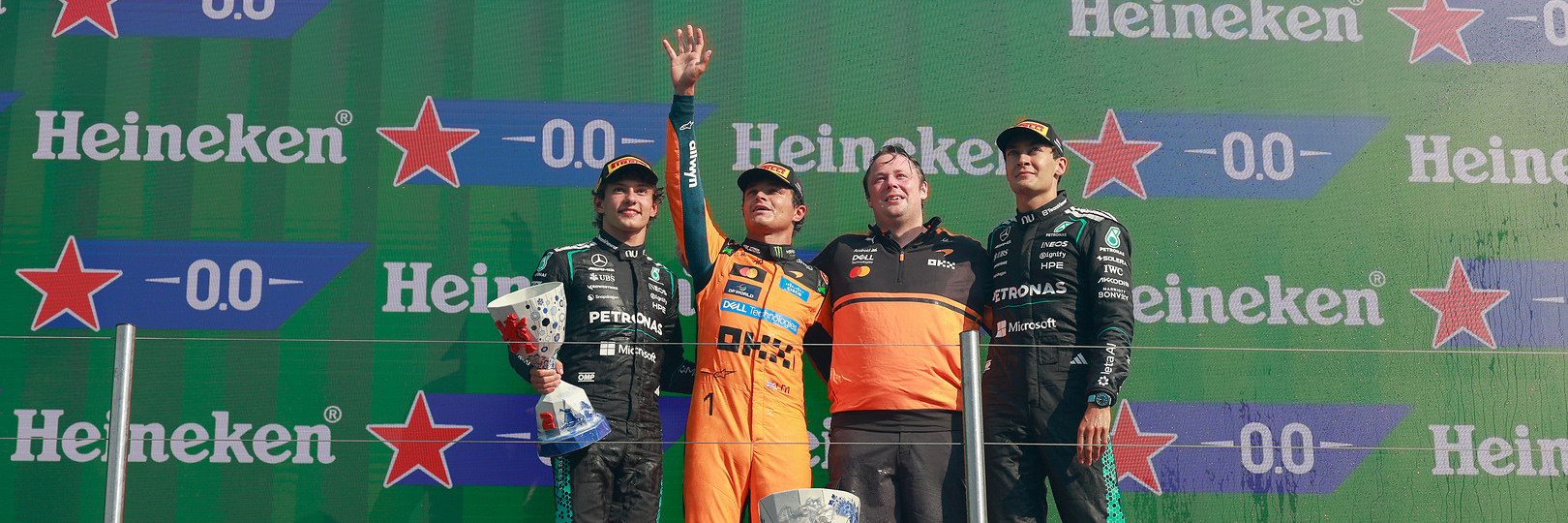 The 2026 Dutch Grand Prix podium with Antonelli, Norris and Russell