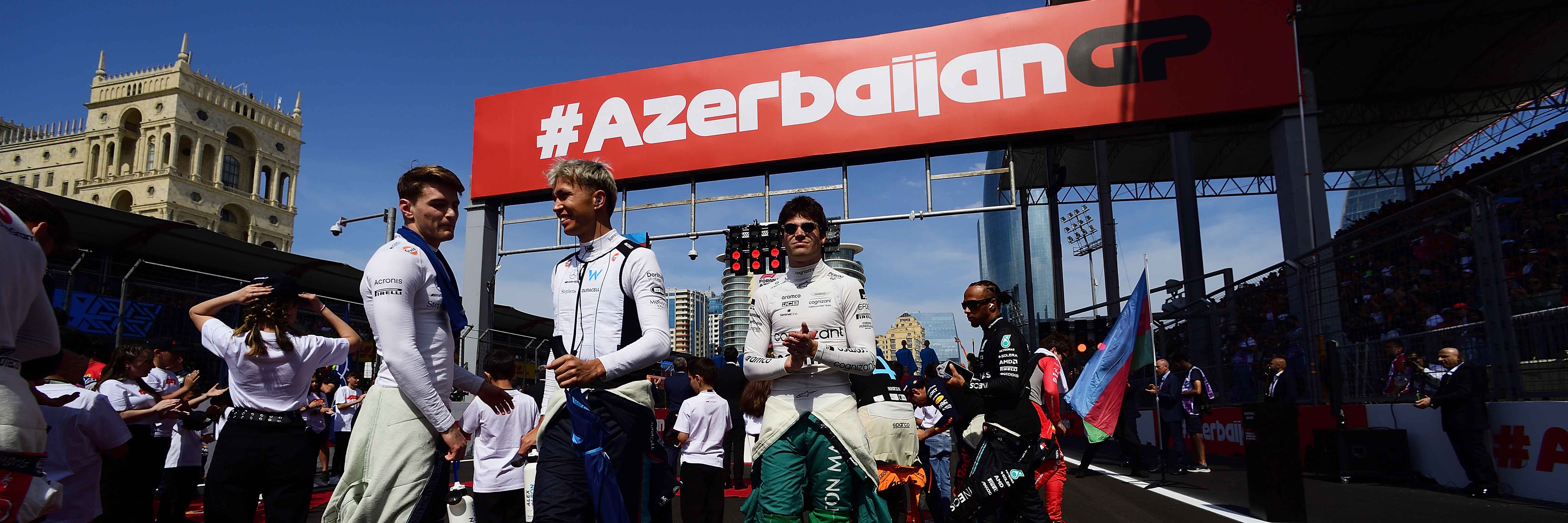 Williams F1 drivers Alexnader Albon and Logan Sargeant on the grid for the Azerbaijan Grand Prix