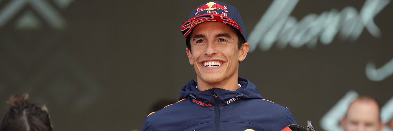 Marc Marquez on stage at the 2024 British MotoGP race at Silverstone